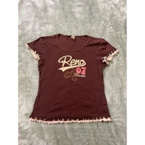 Kavio! Reno Nevada Y2K Brown Ribbed Ruffle Trim Top - Women's Size Large